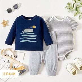3-Pack Baby Graphic Whale Print Long-sleeve Tee & Striped Short-sleeve Romper & Pants Set