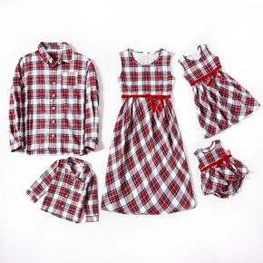 Red and White Plaid Print Long-sleeve Family Matching Sets(Sleeveless Dresses and Front Button Shirts)