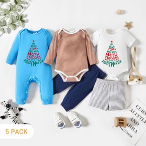 Christmas 5-Pack Baby Graphic Christmas Tree and Letter Print Striped Romper Jumpsuit Pants Set