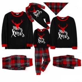 Christmas Reindeer and Letter Print Snug Fit Black Family Matching Long-sleeve Plaid Pajamas Sets