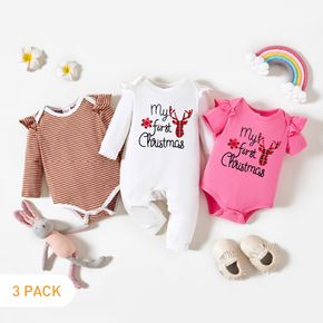 Christmas 3-Pack Baby Girl Graphics Elk and Letter Print and Striped Ruffle Romper Jumpsuit Set
