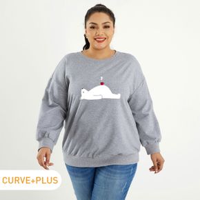 Women Plus Size Graphic Polar Bear Print Round Neck Long-sleeve Pullover
