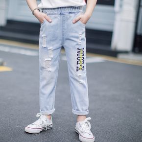 Kid Boy/Kid Girl Letter Print Ripped Denim Jeans