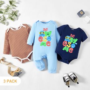3-Pack Baby Graphic Monster and Letter Print Striped Romper Jumpsuit Set