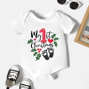Christmas Baby Graphics Footprint and Figure and Heart-shaped Print Short-sleeve Romper