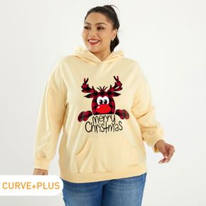 Christmas Women Plus Size Graphic Elk and Letter Print Long-sleeve Hooded Pullover