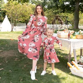 Pink Floral Print Ruffle Long-sleeve Midi Dress for Mom and Me