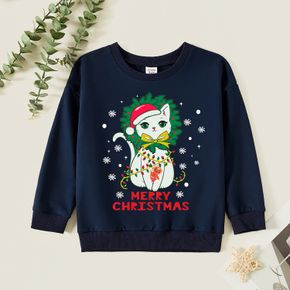 Christmas Kid Graphic Snowflake and Cat and Letter Print Long-sleeve Pullover