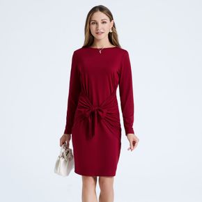 Burgundy Color Knot Front Round-collar Long-sleeve Short Dress