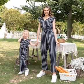 Navy Striped Ruffle Sleeveless V-neck Belted Jumpsuits for Mom and Me