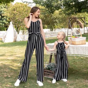 Black Striped Spaghetti Strap Belted Jumpsuits for Mom and Me