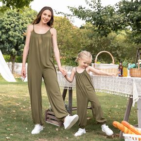 Solid Army Green Sleeveless Spaghetti Strap Jumpsuits for Mom and Me