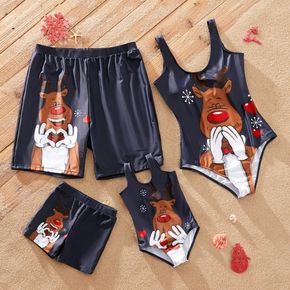 Christmas Cartoon Reindeer Print Blue Family Matching Sleeveless Bodysuits and Shorts Swimwear Sets