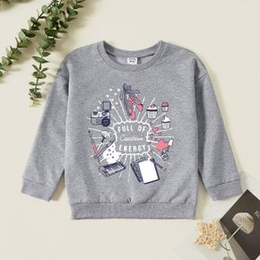 Kid Girl Graphic Letter and Lovely Goods Print Long-sleeve Pullover