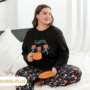 2-piece Women Plus Size Casual Pumpkin Skeleton Print Long-sleeve Tee and Pants Pajamas Lounge Set