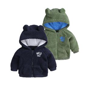 Solid Letter Embroidery Hooded 3D Ear Decor Long-sleeve Dark Blue or Green Baby Padded Coat Jacket