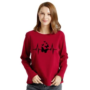 Women Graphic Butterfly Print Round-collar Long-sleeve Tee
