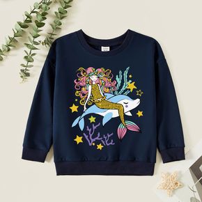 Kid Girl Graphic Mermaid and Dolphin and Sea World Print  Long-sleeve Pullover