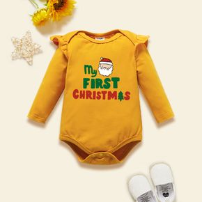 Christmas Baby Girl Graphic Santa and Christmas Tree and Letter Print Ruffled Long-sleeve Romper
