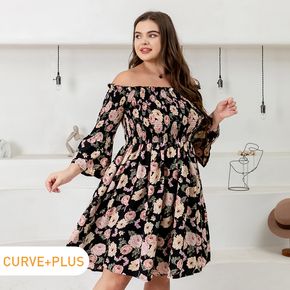 Women Plus Size Vacation Floral Print Off Shoulder Long-sleeve Smocked Dress