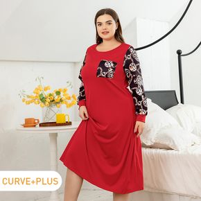 Women Plus Size Elegant Round-collar Long-sleeve Stitching Nightgown