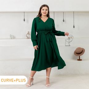 Women Plus Size Elegant Surplice Neck Slit Belted Long-sleeve Dark Green Dress