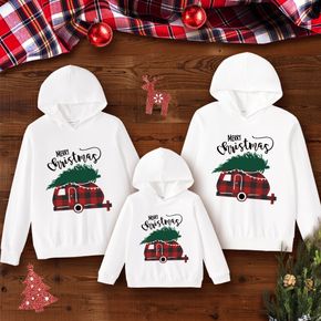 Christmas Letter and Plaid Car Print 100% Cotton White Family Matching Long-sleeve Hoodies