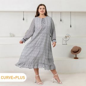 Women Plus Size Casual Allover Print Round-collar Long-sleeve Dress