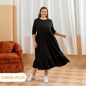 Women Plus Size Basics Round-collar Ruffle Hem Black Dress