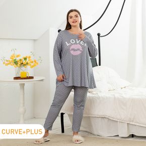 2-piece Women Plus Size Casual Letter Lips Print Polka dots Long-sleeve Top and Pants Pajamas Lounge set