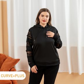 Women Plus Size Sexy Mesh Design Hollow out Sleeve Black Hoodie Sweatshirt