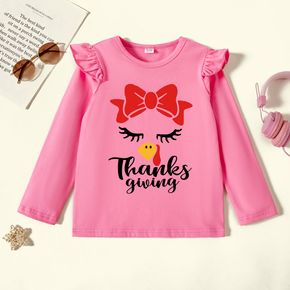 Thanksgiving Kid Girl Graphic Turkey and Letter Print Ruffled Long-sleeve Tee