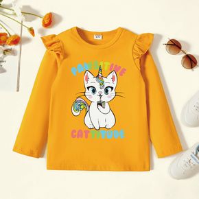 Kid Girl Graphics Unicorn and Cat and Letter Print Ruffle Long-sleeve Tee