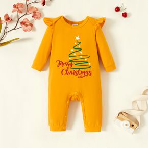 Christmas Baby Girl Graphic Christmas Tree and Letter Print Ruffled Long-sleeve Jumpsuit