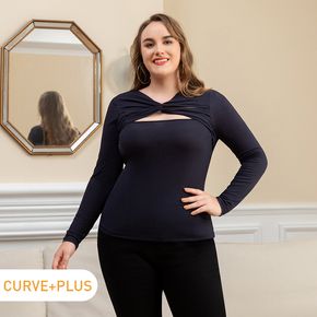 Women Plus Size Sexy Twist Knot Hollow out Long-sleeve Tee