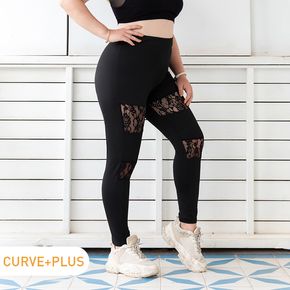 Women Plus Size Elegant Lace Design Black Leggings