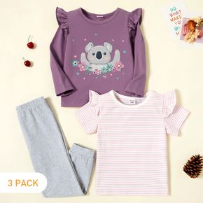 3-Pack Toddler Girl Graphic Koala and Floral Print Ruffled Long-sleeve Tee & Striped Short-sleeve Tee & Pants Set