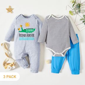 3-Pack Baby Graphic & Striped Romper Jumpsuit Pants Set
