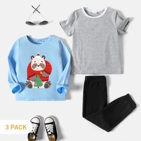Christmas 3-Pack Toddler Graphic Panda and Christmas Tree Print Long-sleeve Tee & Striped Short-sleeve Tee & Pants Set