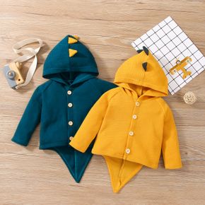 3D Dinosaur Tail Solid Button Down Long-sleeve Hooded Baby Cotton Waffle Cardigan