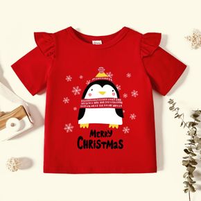 Christmas Toddler Girl Graphic Penguin and Snowflake and Letter Print Ruffle Short-sleeve Tee