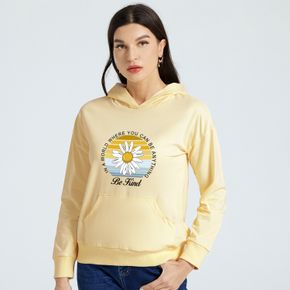 Women Graphics Daisy and Letter Print Long-sleeve Hooded Pullover