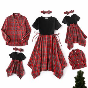 Christmas Red Plaid Family Matching Short-sleeve Splicing Dresses and Long-sleeve Shirts Sets