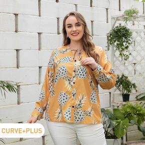 Women Plus Size Vacation Pineapple Print Tie V Neck Long-sleeve Blouse