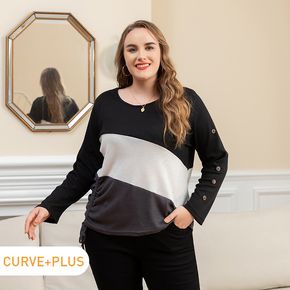 Women Plus Size Casual Colorblock Button Design Drawstring Long-sleeve Tee