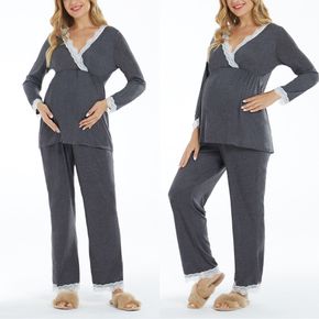 Maternity Contrast Lace Solid Color Long-sleeve Pajamas