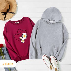 2-Pack Women Graphic Daisy and Heart-shaped Print Long-sleeve Pullover & Hooded Pullover Set