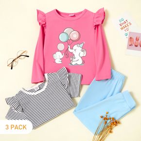 3er-Pack Kleinkind-Mädchen mit grafischem Elefanten- und Ballondruck, gerüschtes Langarm-T-Shirt und gestreiftes Kurzarm-T-Shirt und -Hose
