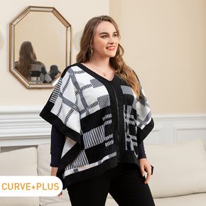 Women Plus Size Casual Plaid Zipper Cloak Coat