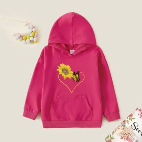 Kid Girl Graphic Sunflower and Heart and Butterfly Print Long-sleeve Hooded Pullover